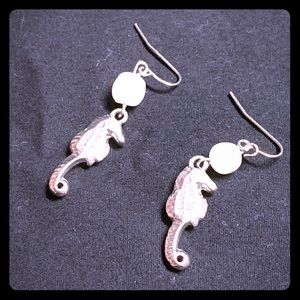Seahorse and Bead Silver Fishhook Earrings